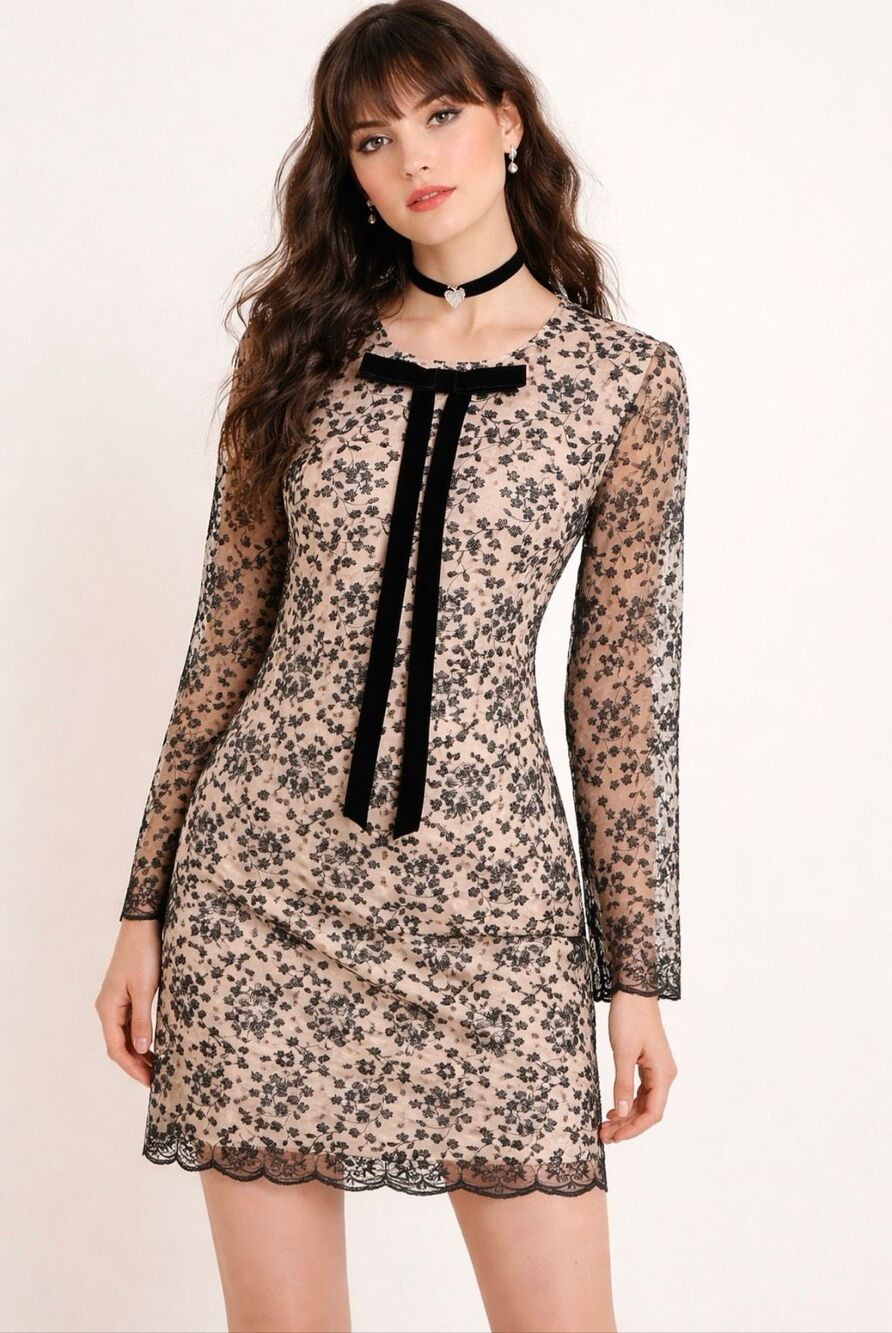 Betsey Johnson NWT Floral Lace Mesh Bow Mini Dress Nude Black Size 6